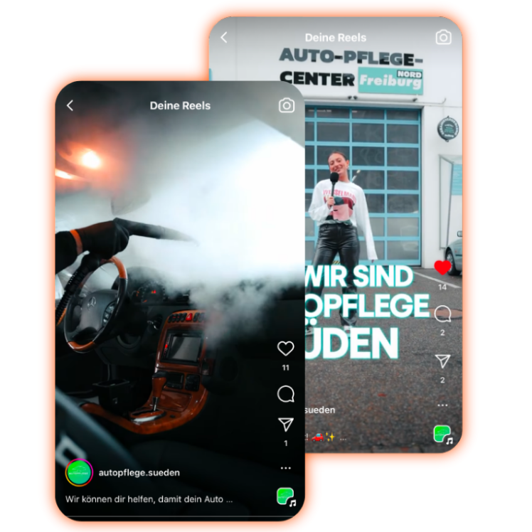 Zwei Smartphone-Bildschirme mit Autoservice-Anzeigen und einem Reinigungsvorgang.