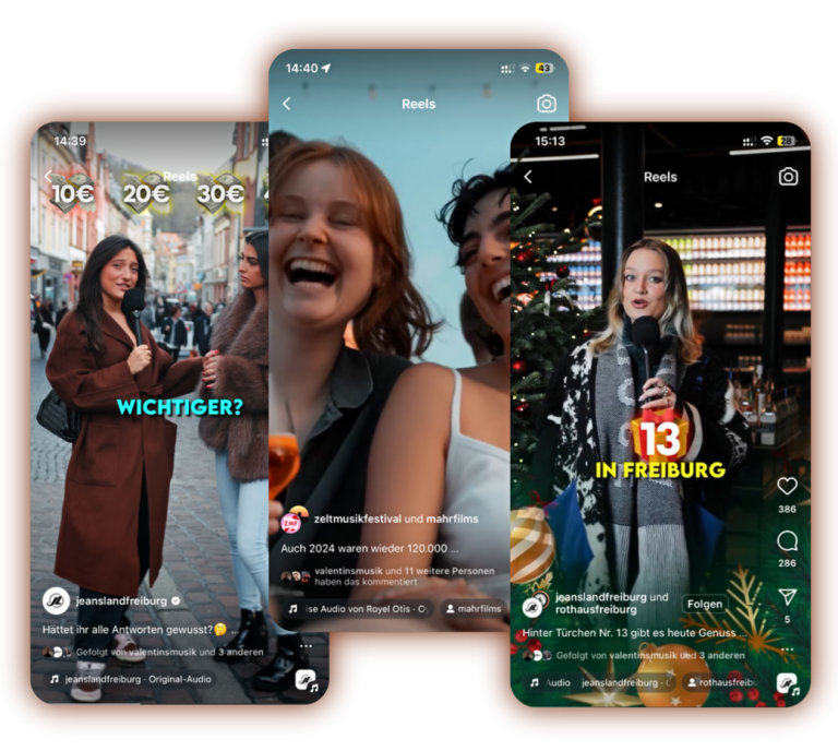 Zwei Bildschirmansichten von Social-Media-Videos, die Mode und Einkaufen zeigen.