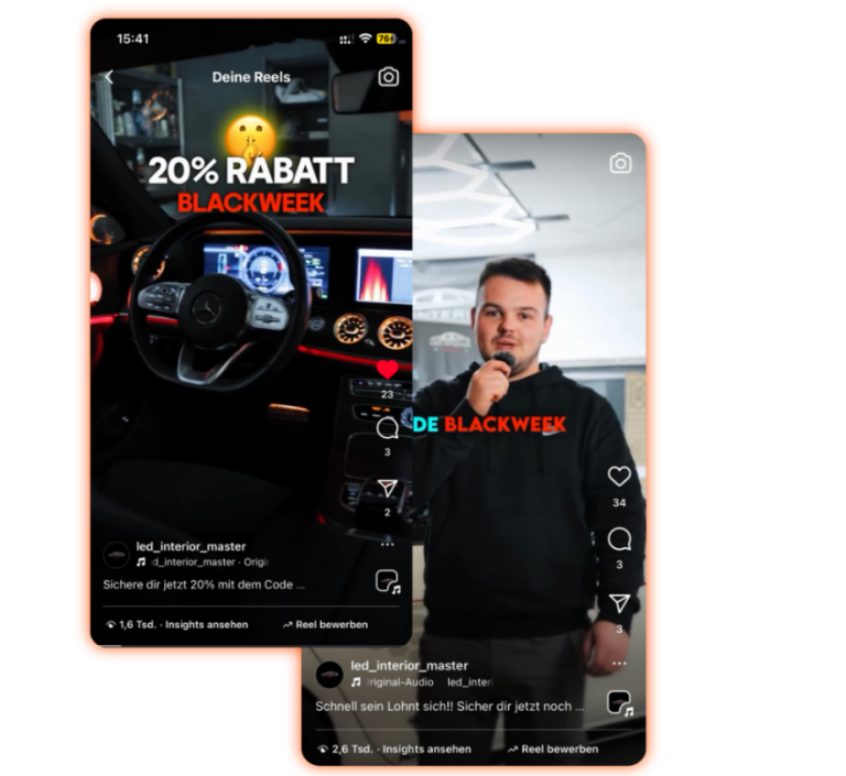 Smartphone-Bildschirm zeigt Werbung für 20% Rabatt und ein lächelndes Modell.